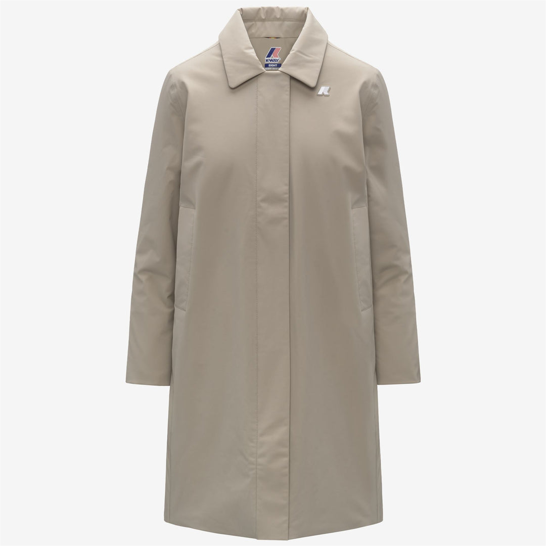 Chaqueta impermeable larga beige con capucha para mujer 01