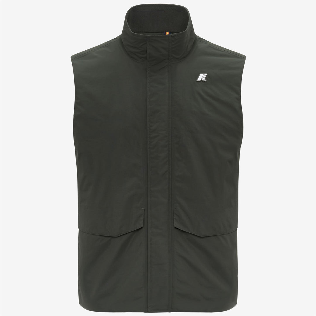 Chaleco impermeable de plumón verde negruzco para hombre con bolsillos utilitarios 01