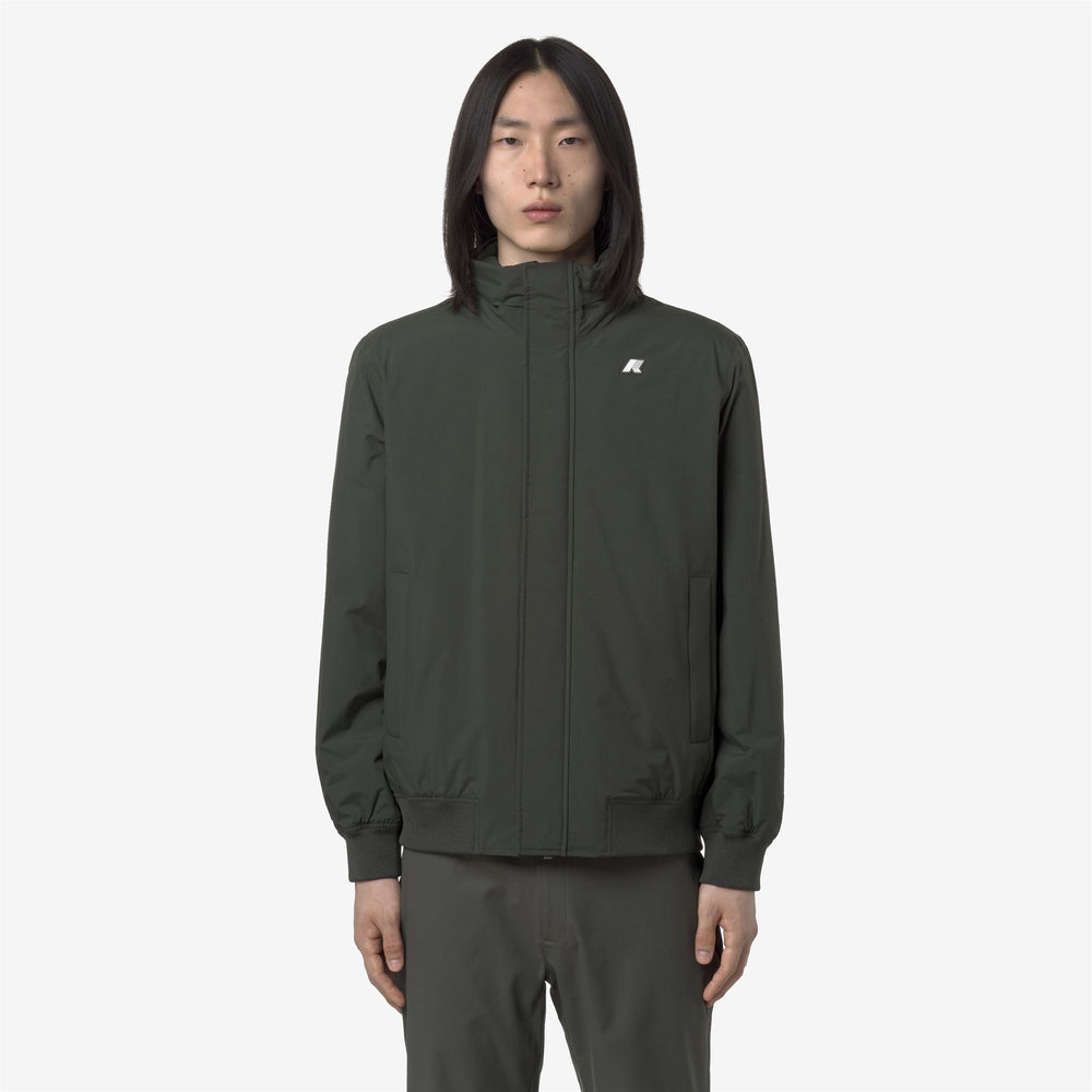 Green men's short waterproof jacket with hood and padding 02