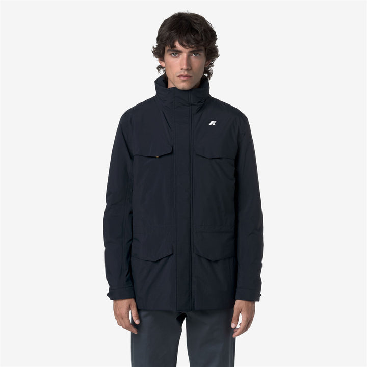 Giacca impermeabile blu da uomo di media lunghezza con cappuccio 1