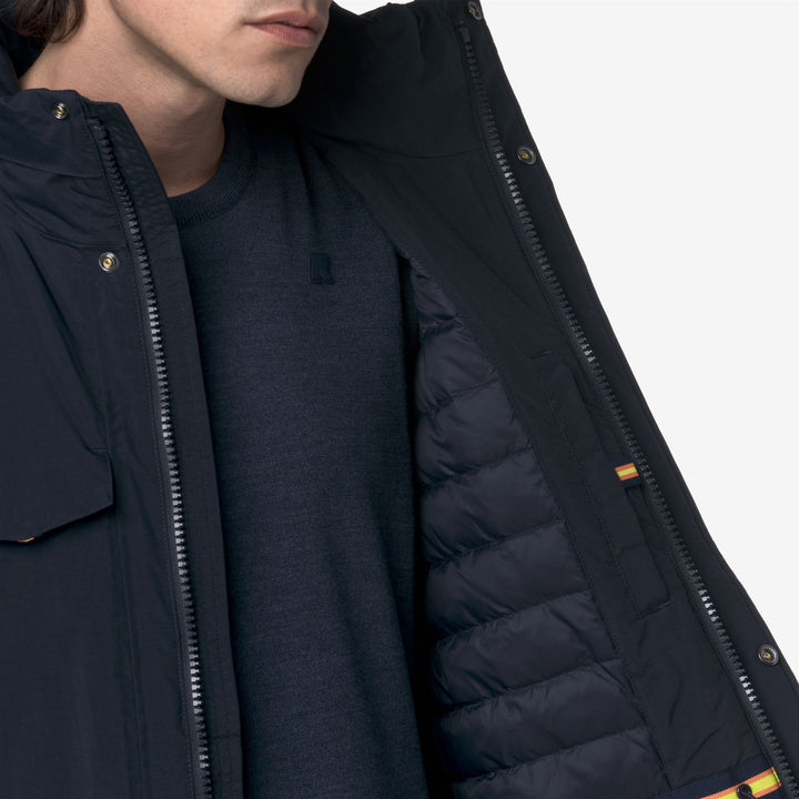 Chaqueta impermeable azul de longitud media con capucha para hombre 2