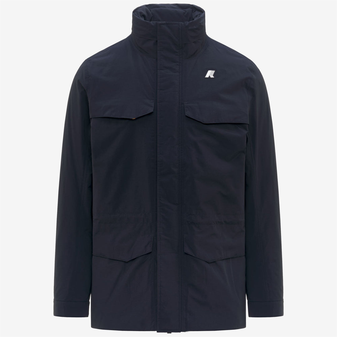 Chaqueta impermeable azul de longitud media con capucha para hombre 01