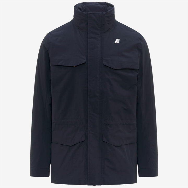 Chaqueta impermeable azul de longitud media con capucha para hombre 1