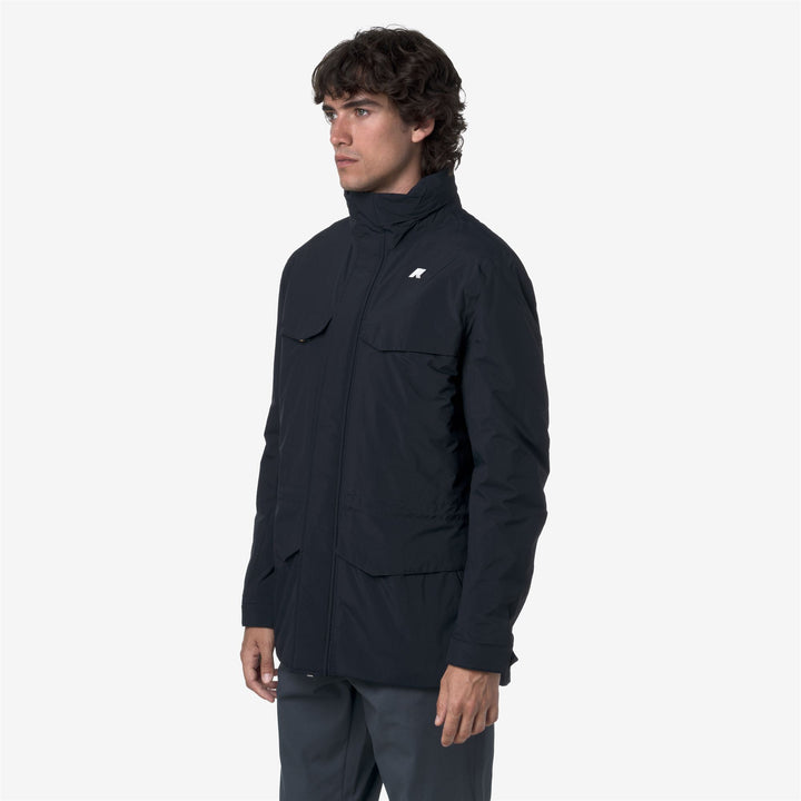 Chaqueta impermeable azul de longitud media con capucha para hombre 4