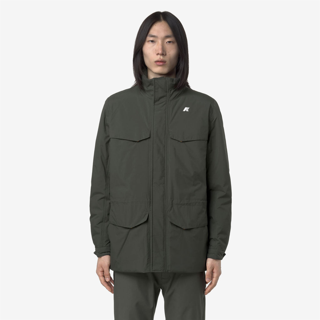 Chaqueta impermeable de longitud media con capucha para hombre, color verde y negro main