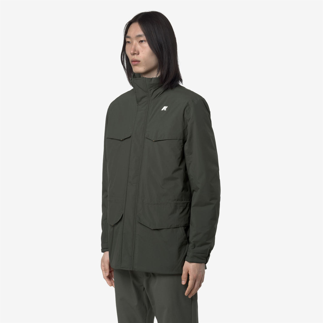 Chaqueta impermeable de longitud media con capucha para hombre, color verde y negro main