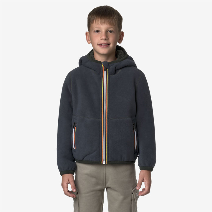 Felpa con cappuccio reversibile in pile verde e blu-nerastro per bambino 3