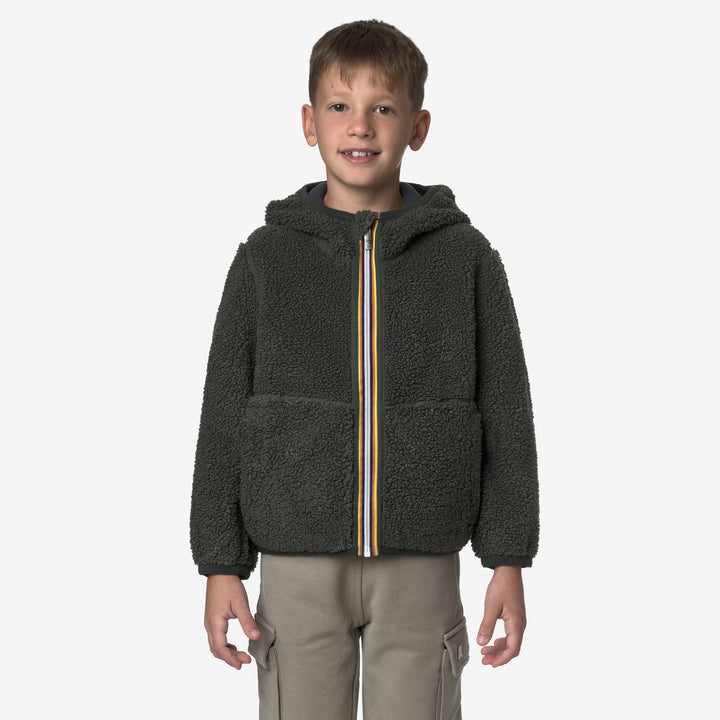 Felpa con cappuccio reversibile in pile verde e blu-nerastro per bambino 4