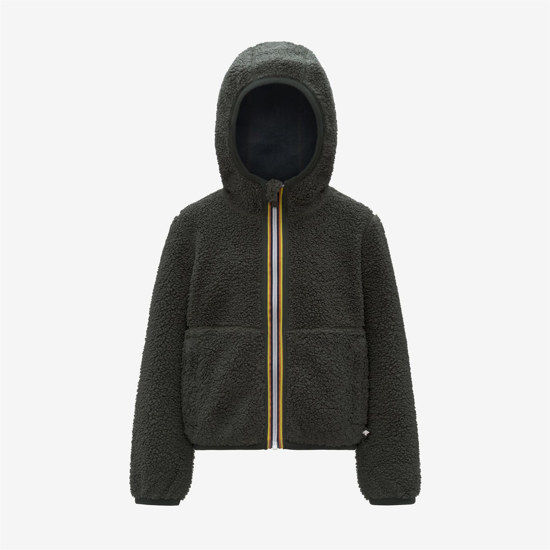 Felpa con cappuccio reversibile in pile verde e blu-nerastro per bambino 01