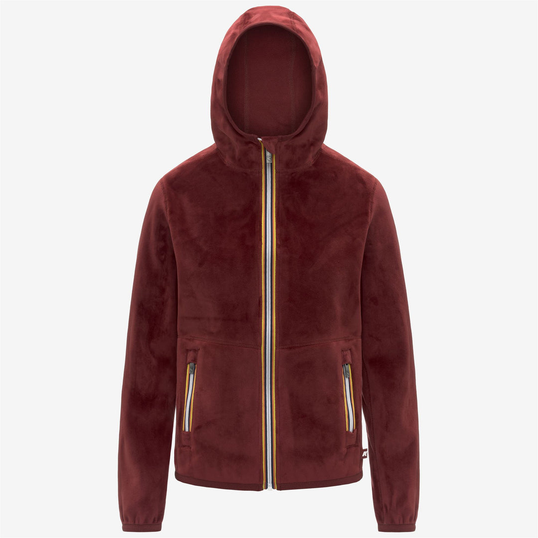 Chaqueta polar reversible roja para mujer con capucha ajustable 01