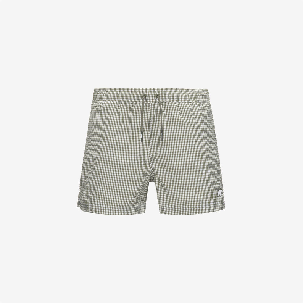 Bathing Suits_MAN_HAZEL CHECK BEACH_Swimming Trunks_White - Green Lichen - Commercial 1