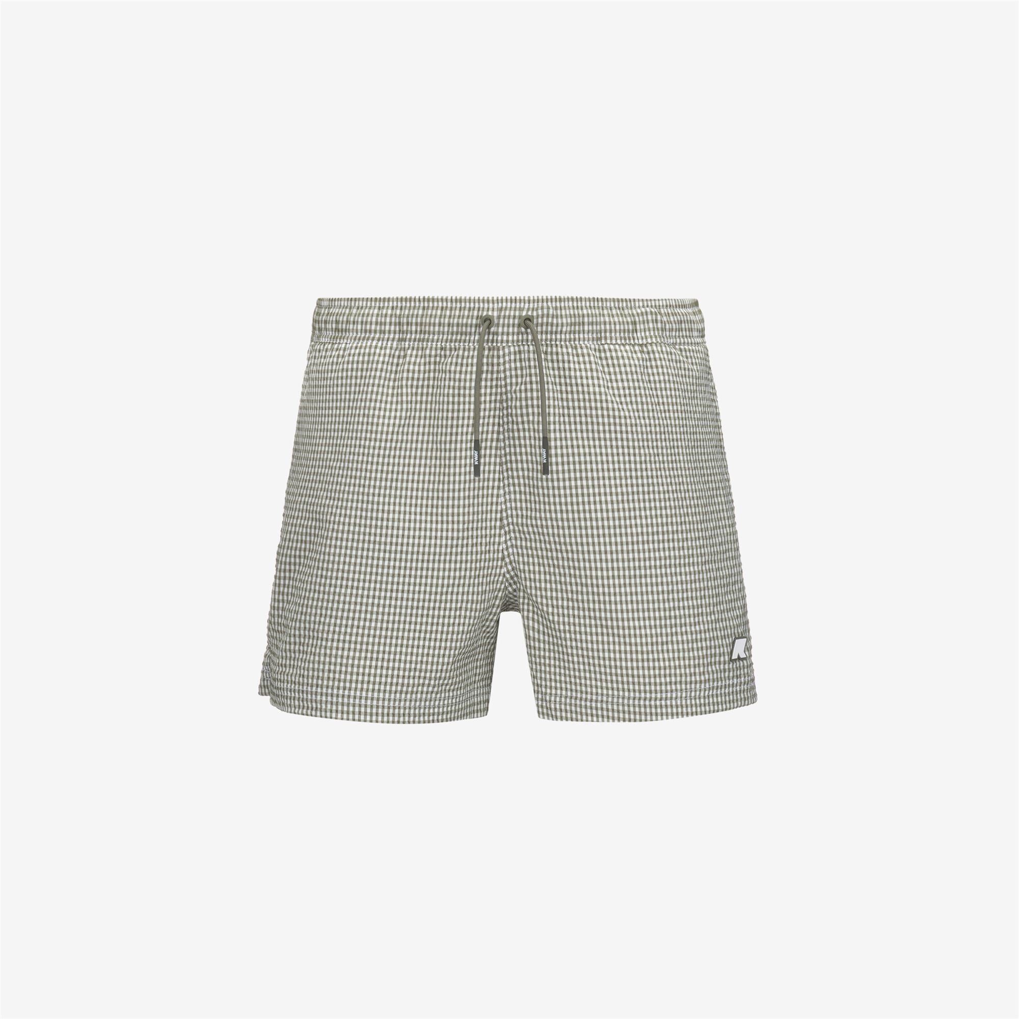 Bathing Suits_MAN_HAZEL CHECK BEACH_Swimming Trunks_White - Green Lichen - Commercial 1