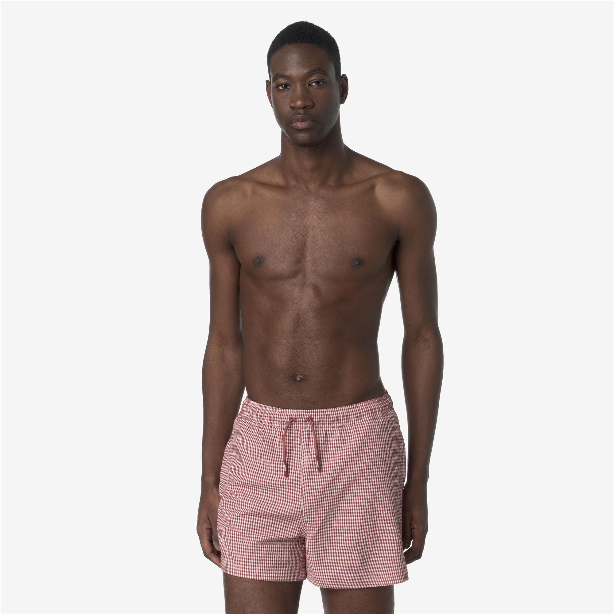Bathing Suits_MAN_HAZEL CHECK BEACH_Swimming Trunks_White - Red Brownish - Commercial 4