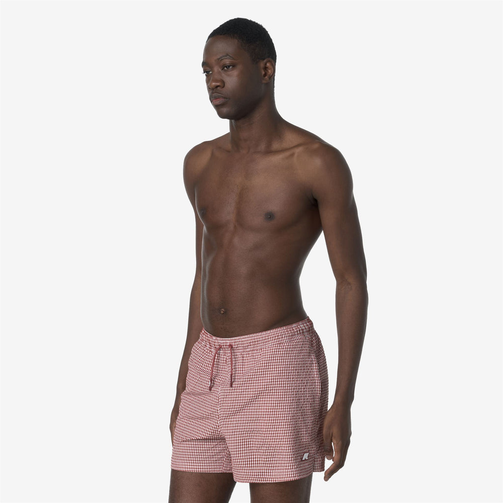 Bathing Suits_MAN_HAZEL CHECK BEACH_Swimming Trunks_White - Red Brownish - Commercial 5