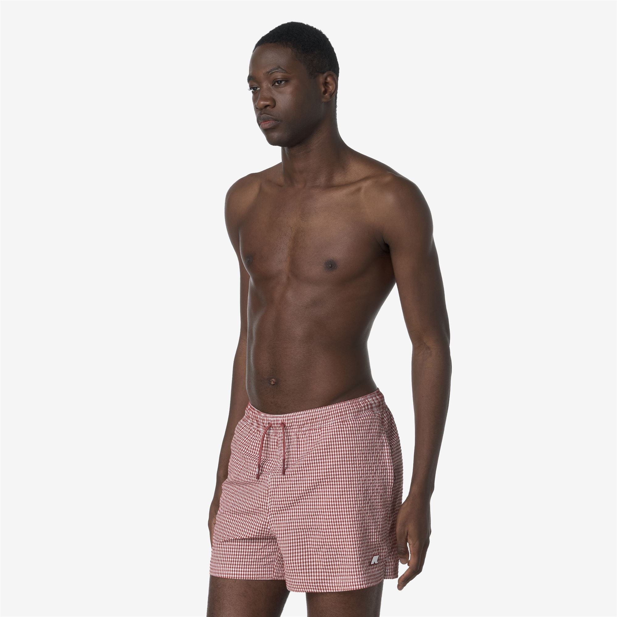 Bathing Suits_MAN_HAZEL CHECK BEACH_Swimming Trunks_White - Red Brownish - Commercial 5