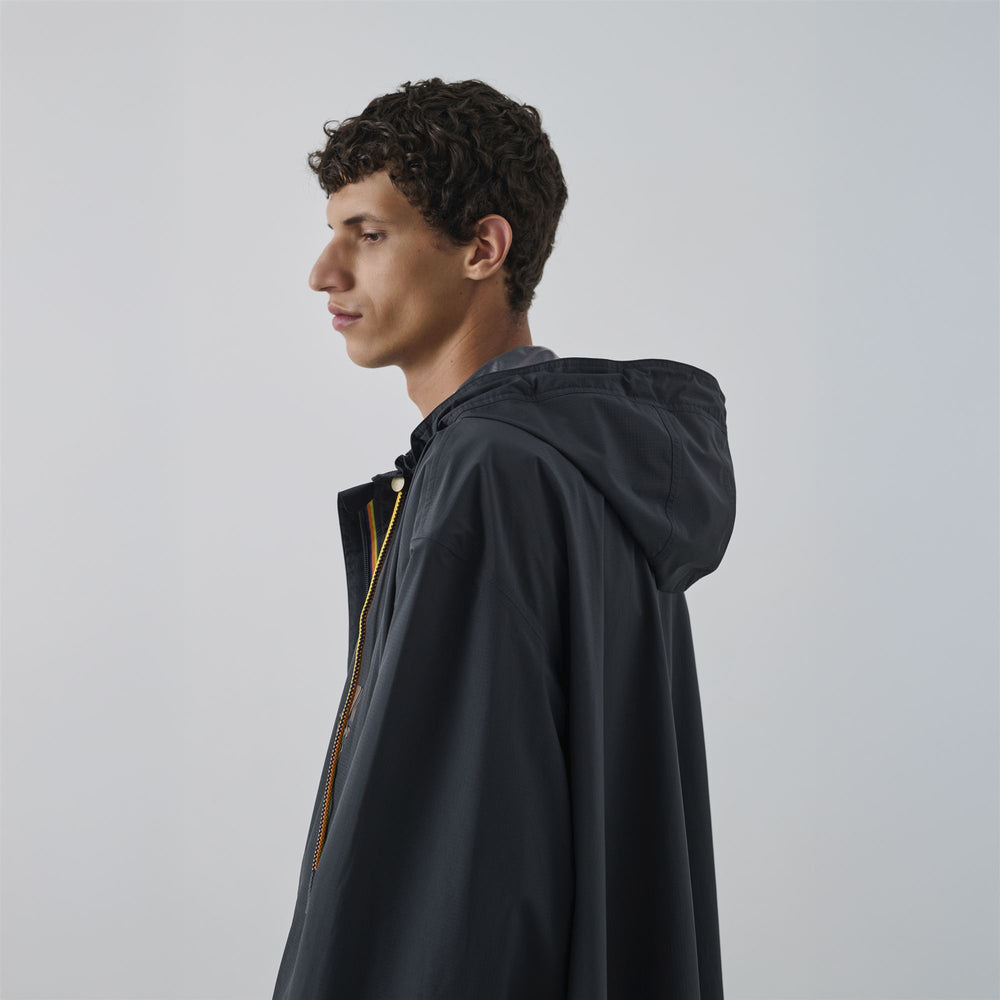 Black unisex long recycled nylon trench coat with hood 02