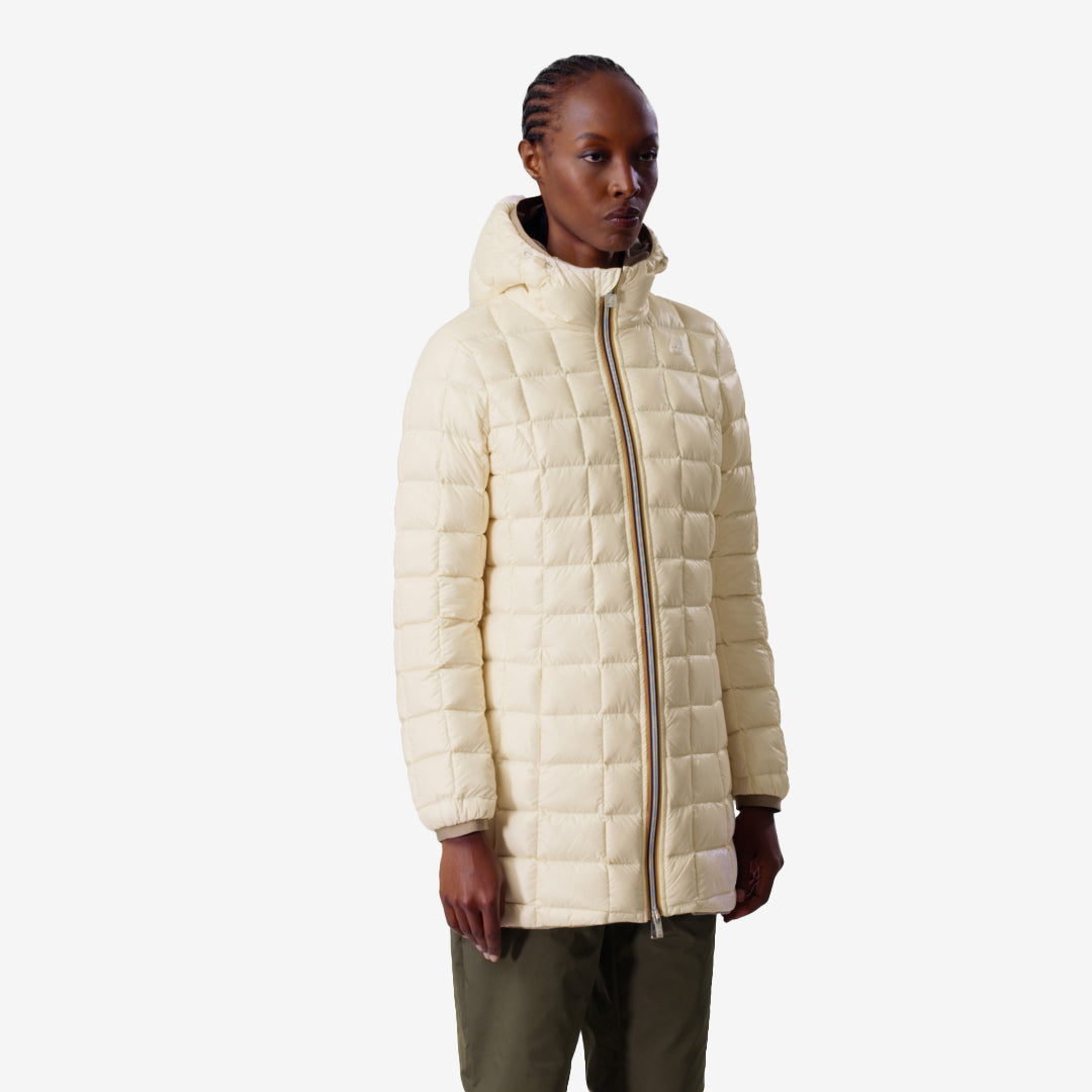 Giacca imbottita reversibile beige da donna, lunghezza 3/4 01