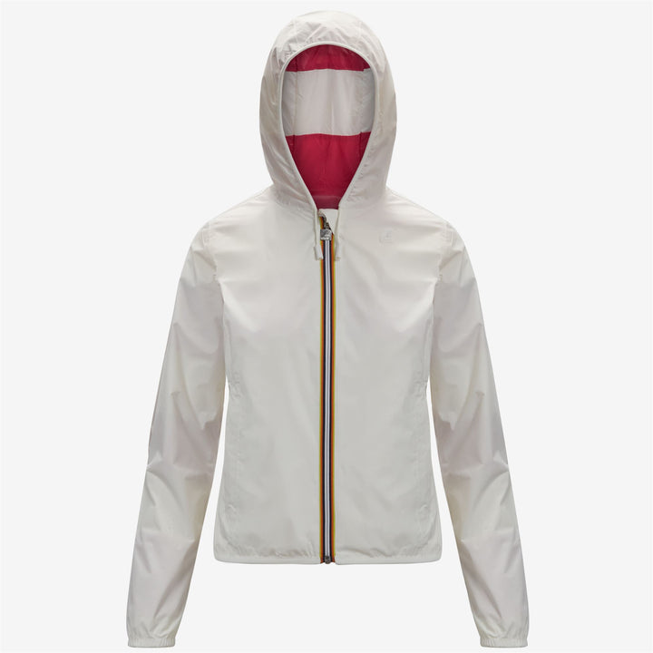 Chaqueta corta reversible blanca para mujer con capucha y bolsillos 2