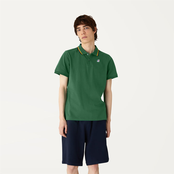 Polo Shirts Man JUDE STRIPES Polo GREEN DK Dressed Back (jpg Rgb)		