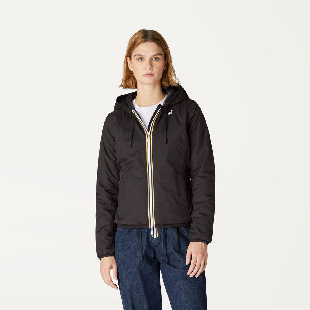 Chaqueta corta impermeable de invierno negra y gris para mujer con forro de piel sintética 02