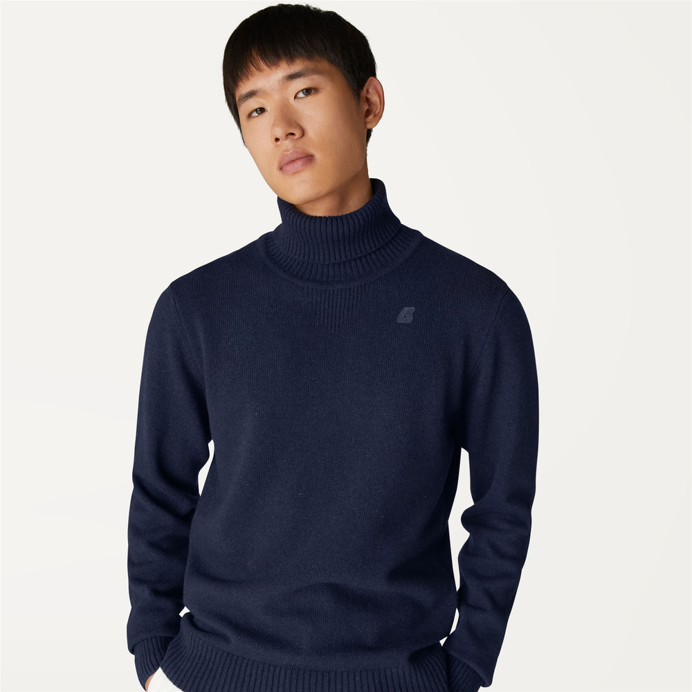 Knitwear Man HENRY LAMBSWOOL Pull  Over BLUE DEPTH Detail Double				
