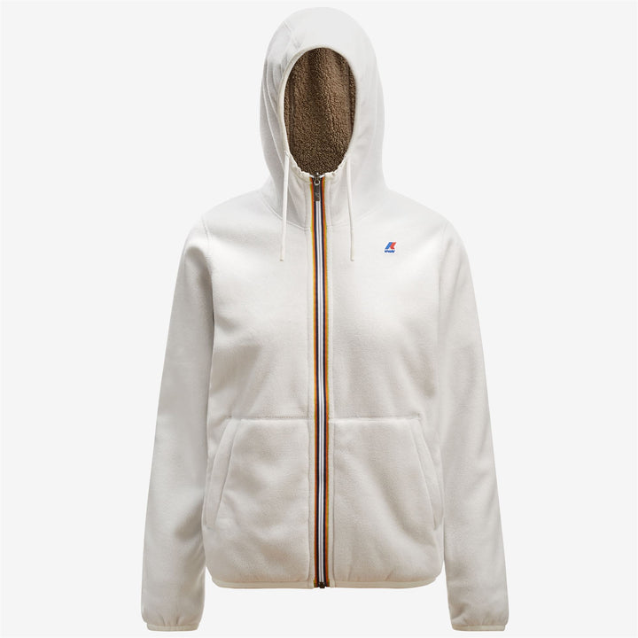 Chaqueta de forro polar reversible beige gris para mujer con capucha ajustable 2