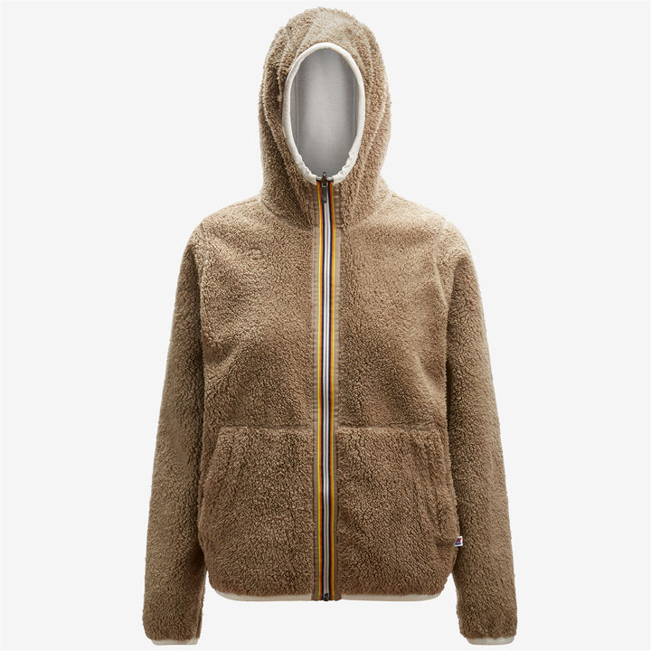 Chaqueta de forro polar reversible beige gris para mujer con capucha ajustable 1
