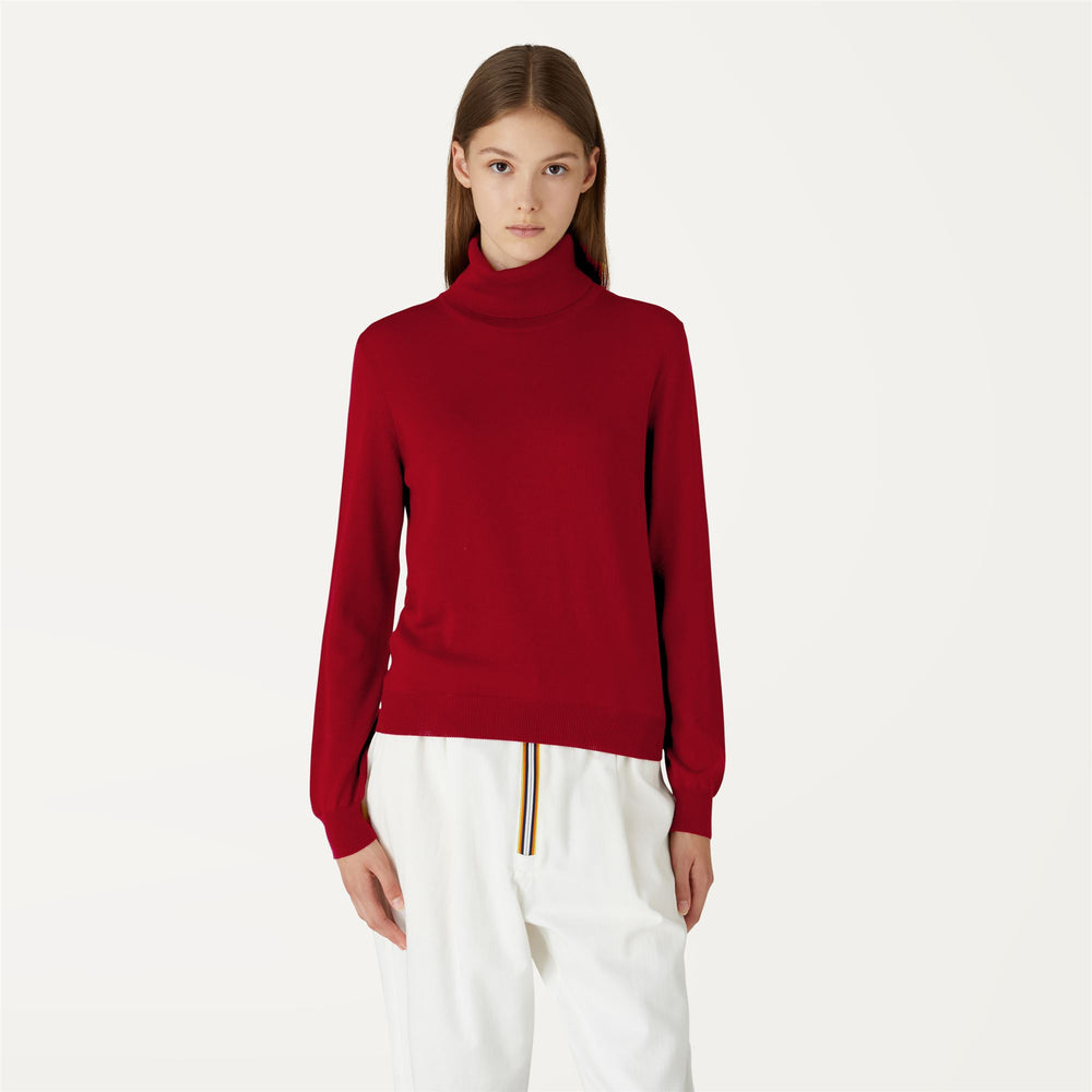 Dark Tomato Red Women's Merino Wool High-Neck Pullover Knitwear 02