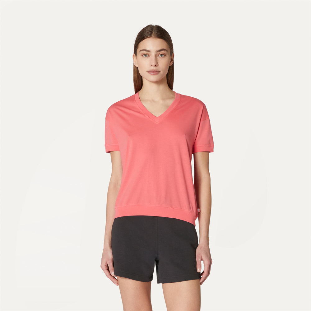 Pink Red Women's Summer Cotton T-Shirt with Ribbed Trims 02
