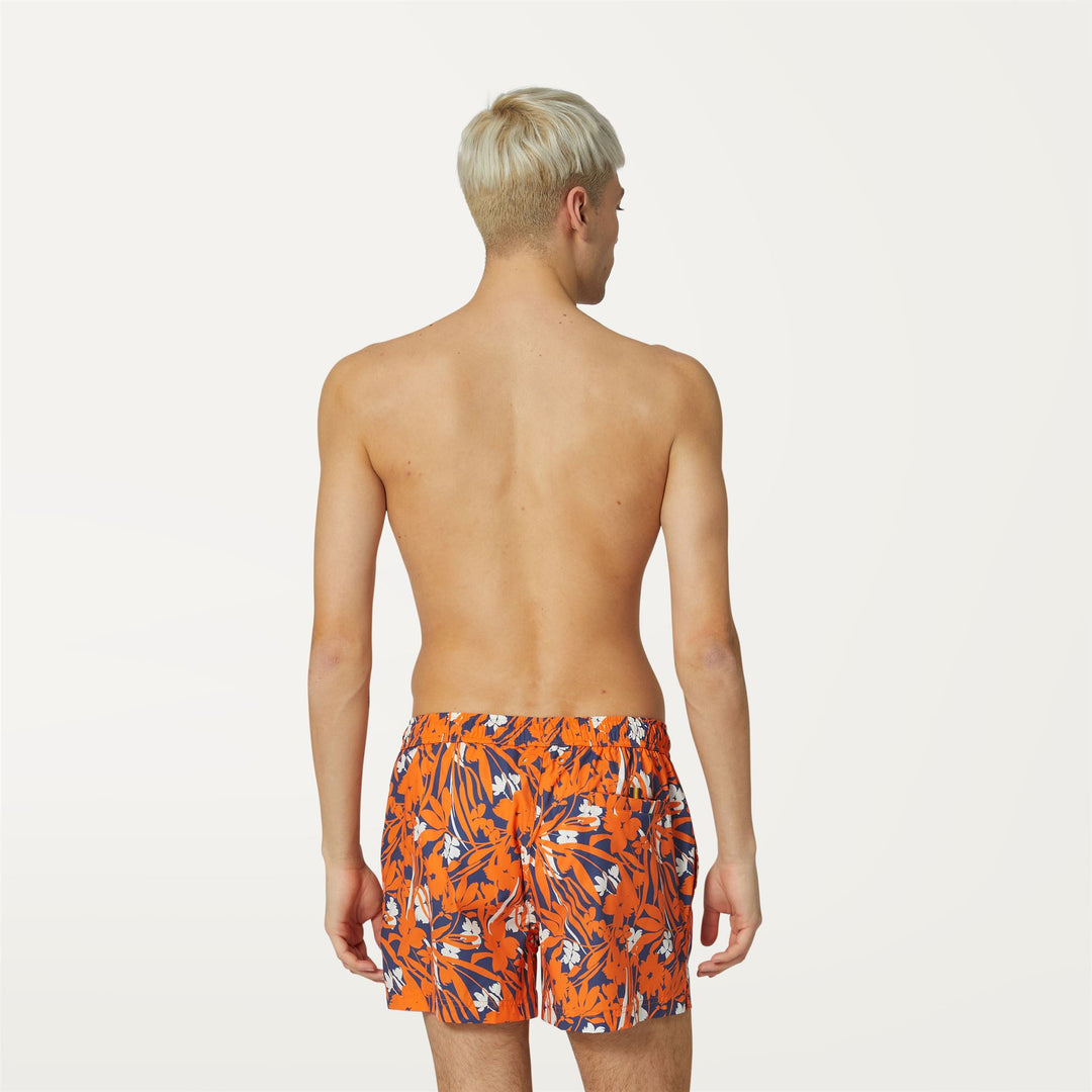 Bathing Suits Man AIRY GRAPHIC Swimming Trunk FLOWERS BLUE ORANGE Dressed Front Double		