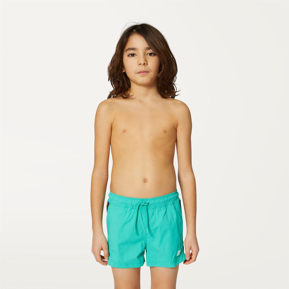 Marine Green Boy's Quick-Dry Swimming Trunks with Side Stripes 02