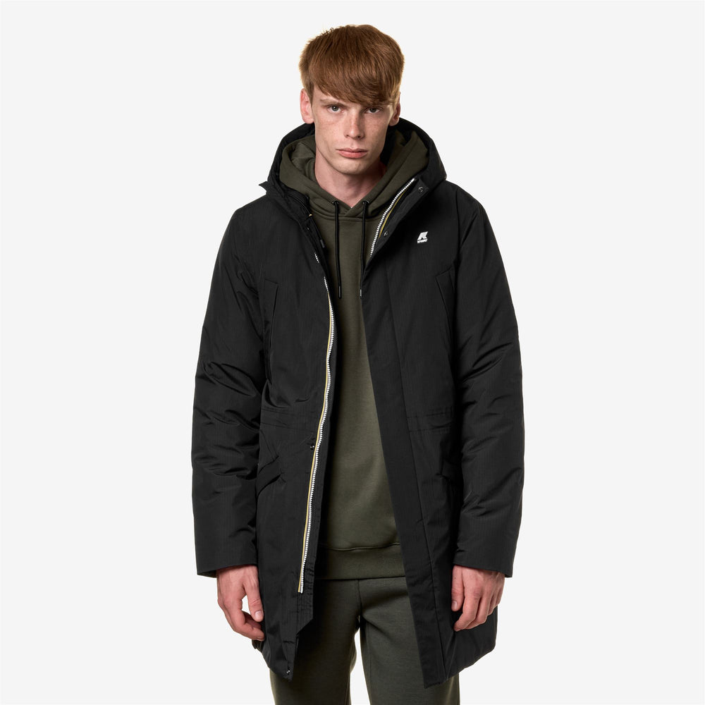 Parka Uomo Impermeabile 3/4 con Cappuccio e Tasche Nero Grigio 02