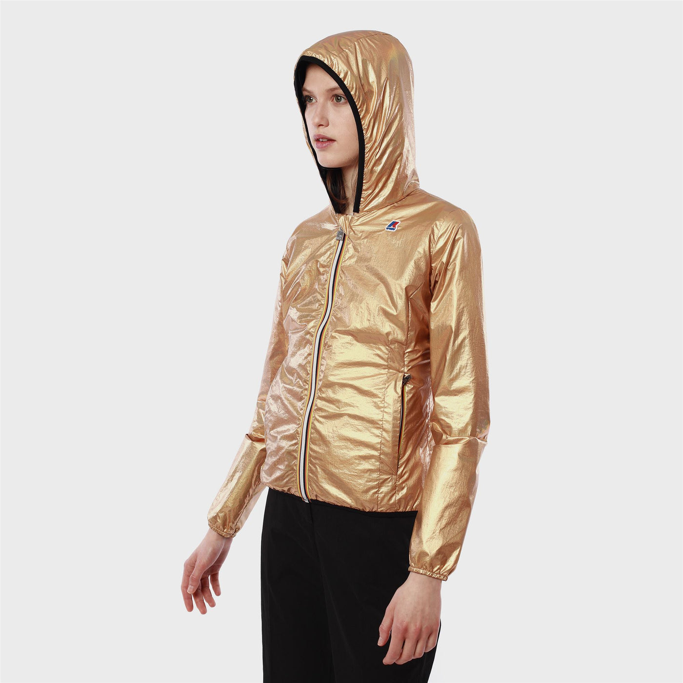 Jackets Woman LILY PLUS.2 DOUBLE METAL Short GOLD METAL - BLACK PURE Dressed Side (jpg Rgb)		