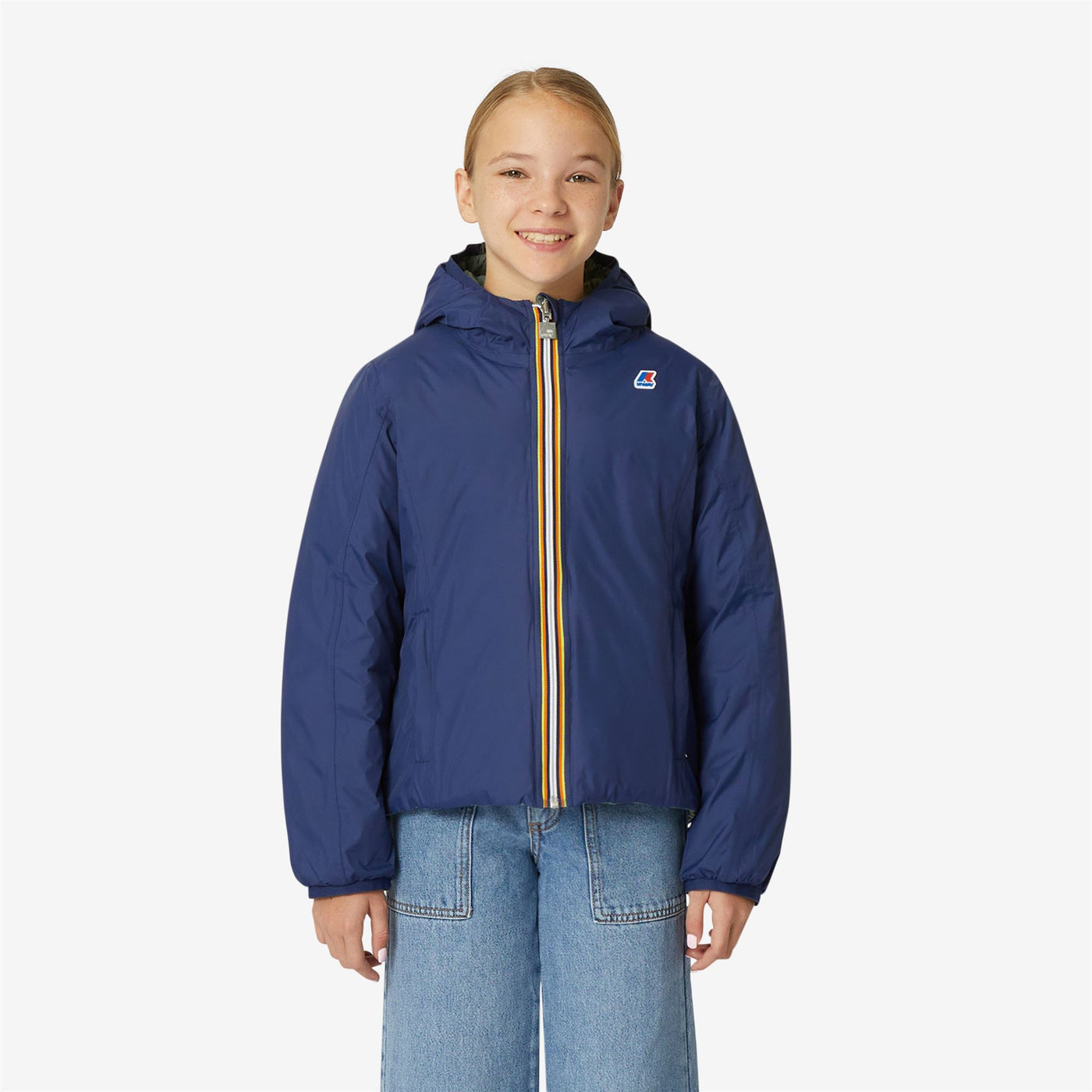 Jackets Girl P. LILY THERMO PLUS.2  DOUBLE Short BLUE MEDIEVAL - GREEN LAUREL Dressed Back (jpg Rgb)		