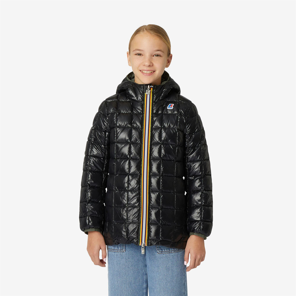Black Green Girl's Reversible Down Jacket for Cold Weather 02