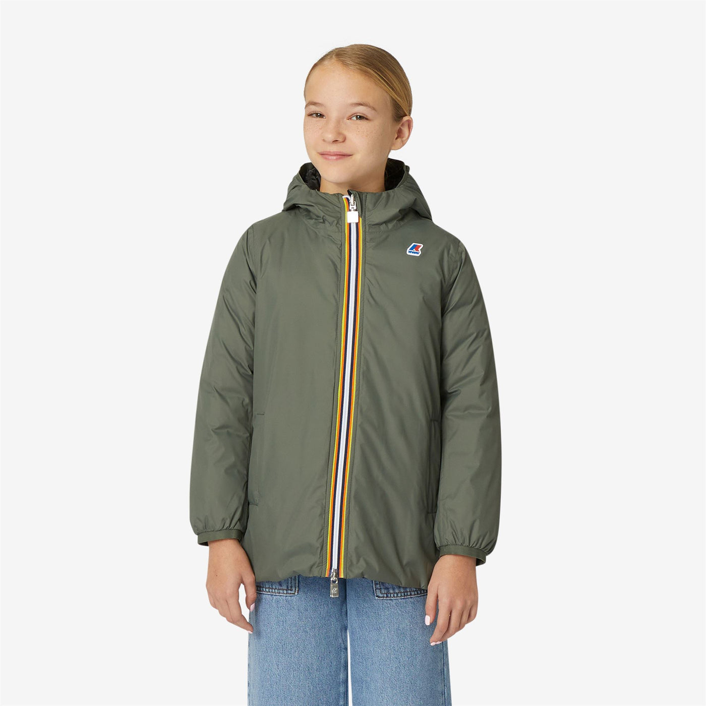 Jackets Girl P. SOPHIE THERMO PLUS.2 REVERSIBLE Mid GREEN BLACKISH  - BLACK PURE Dressed Back (jpg Rgb)		