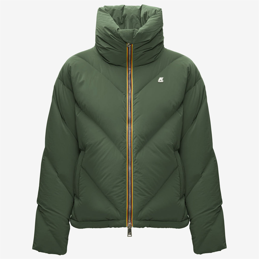 Chaqueta corta de terciopelo acolchado verde laurel para mujer 01