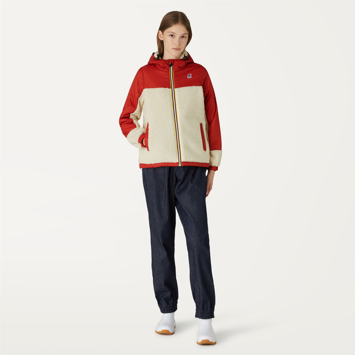 Fleece Woman LE VRAI 3.0 NEIGETTE ORSETTO Jacket ECRU-RED JASPER Dressed Back (jpg Rgb)		
