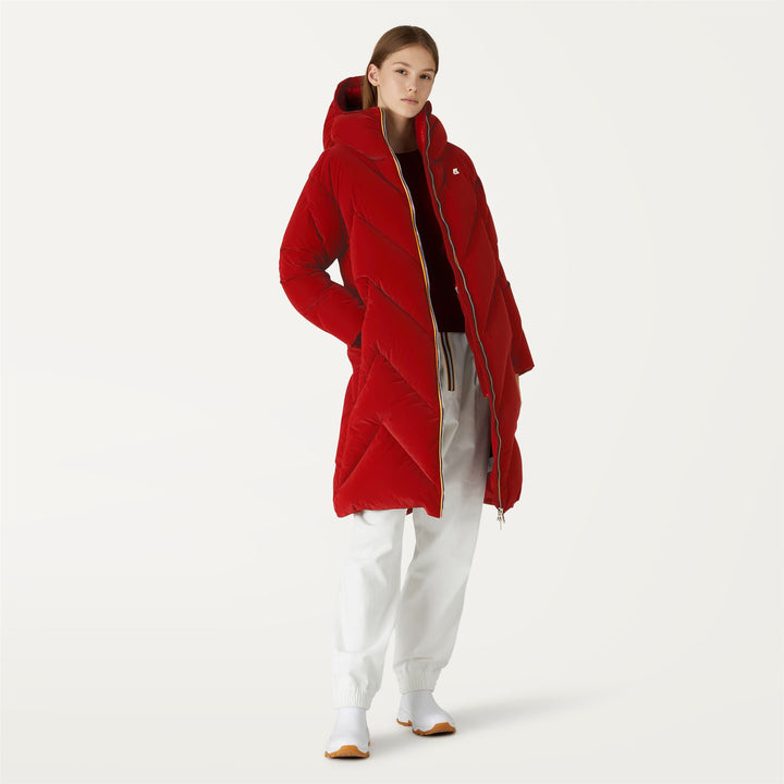Jackets Woman SIDOINEL HEAVY QUILTED VELVET TOUCH Long RED DK Dressed Back (jpg Rgb)		