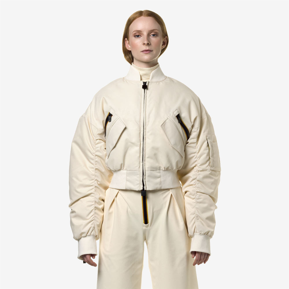 Beige Yellow Women's Cropped Waterproof Bomber Jacket with Down Padding 02