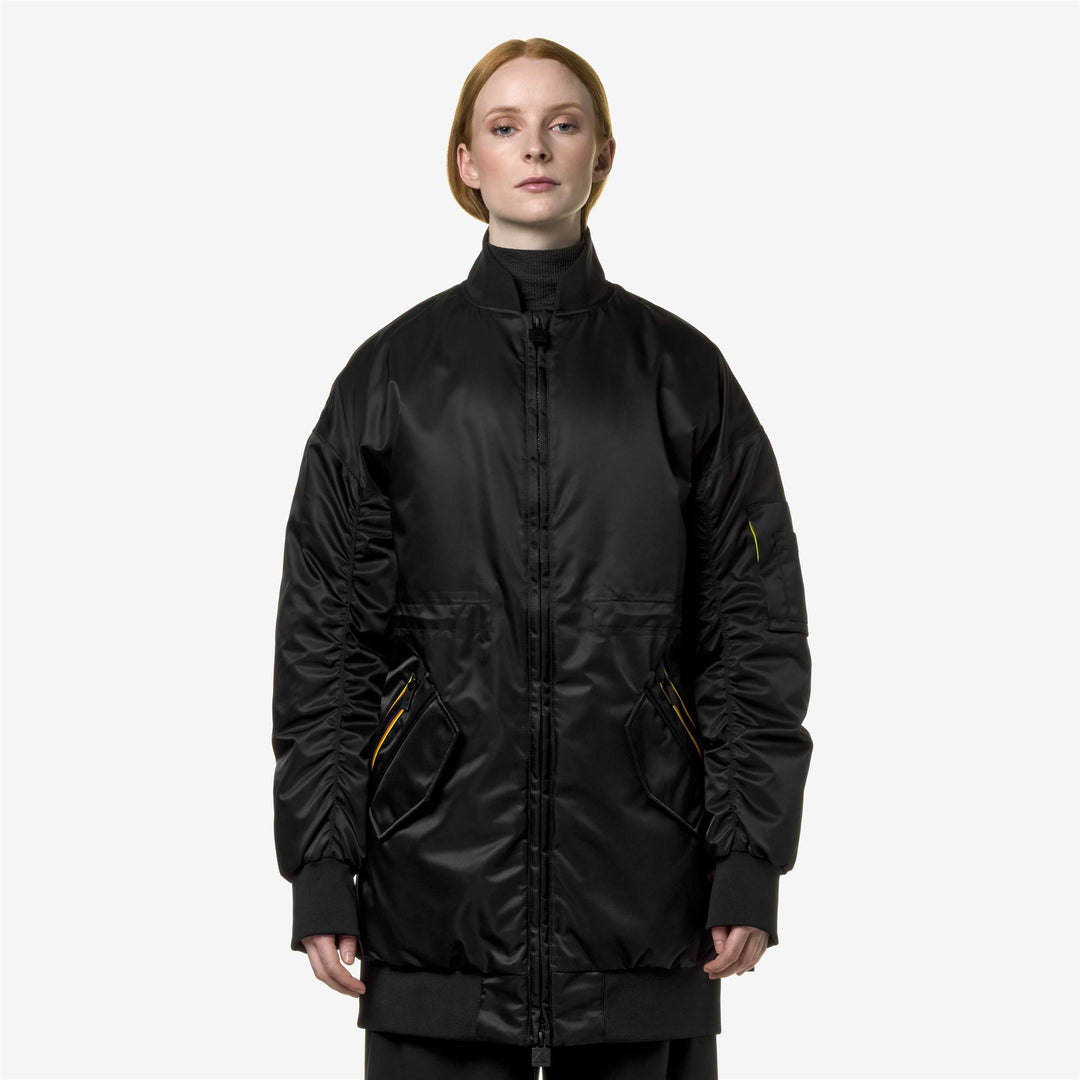 Jackets Woman LONW THERMO SHINY TWILL 3/4 LENGTH BLACK PURE Dressed Back (jpg Rgb)		