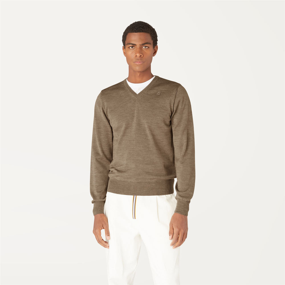 Beige Brown Men's Merino Wool V-Neck Pullover Knitwear 02