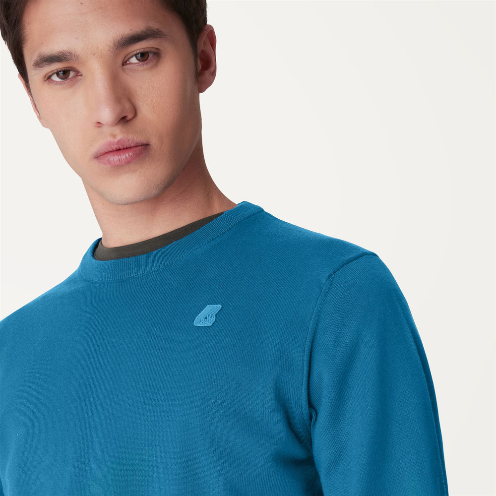 Knitwear Man AUGUSTE PLAIN STITCH Pull  Over BLUE TURQUOISE | kway Detail Double				