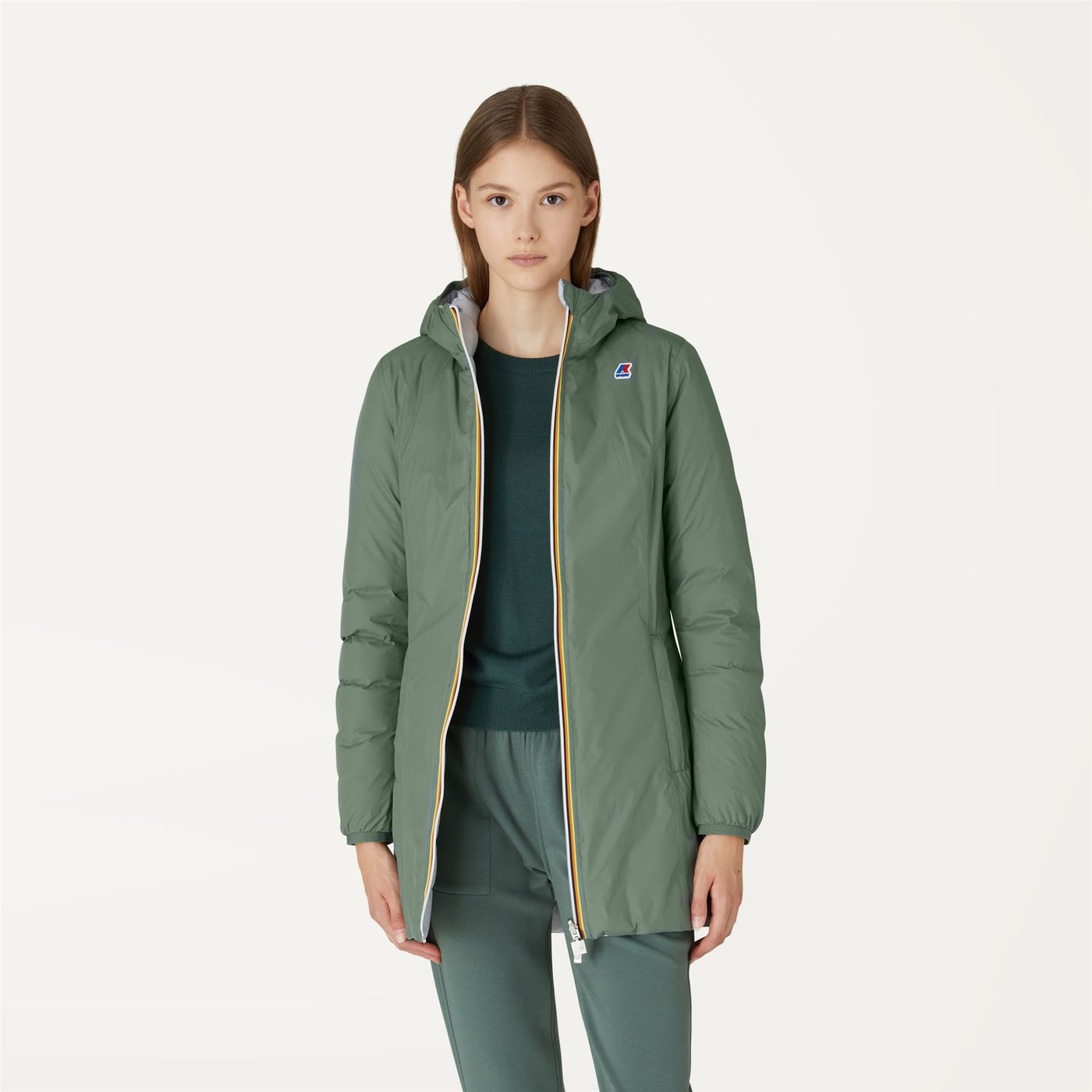 Jackets Woman DENISE THERMO PLUS.2 DOUBLE 3/4 Length GREEN LAUREL - GREY LT | kway Dressed Back (jpg Rgb)		