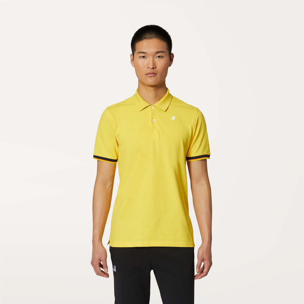Sunstruck Yellow Men's Stretch Cotton Polo Shirt with Striped Trims 02