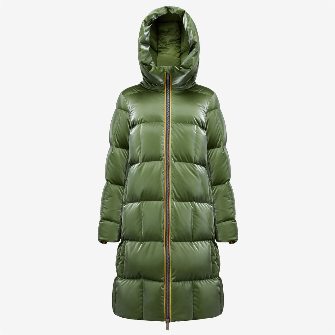 Chaqueta acolchada larga verde para mujer con aislamiento de plumón 01